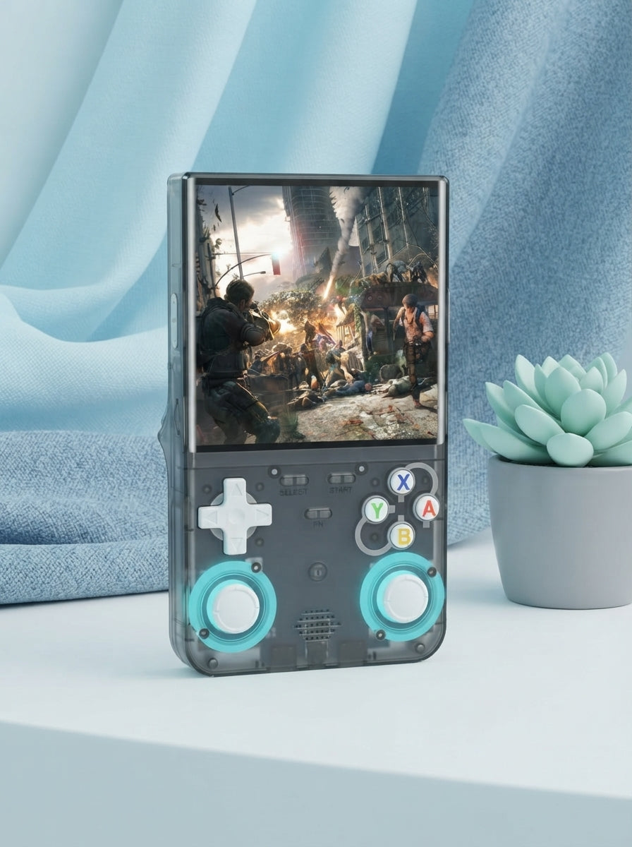 R36 Ultra retro handheld console resting on a minimalist surface with soft blue and mint decorative elements in the backgroun